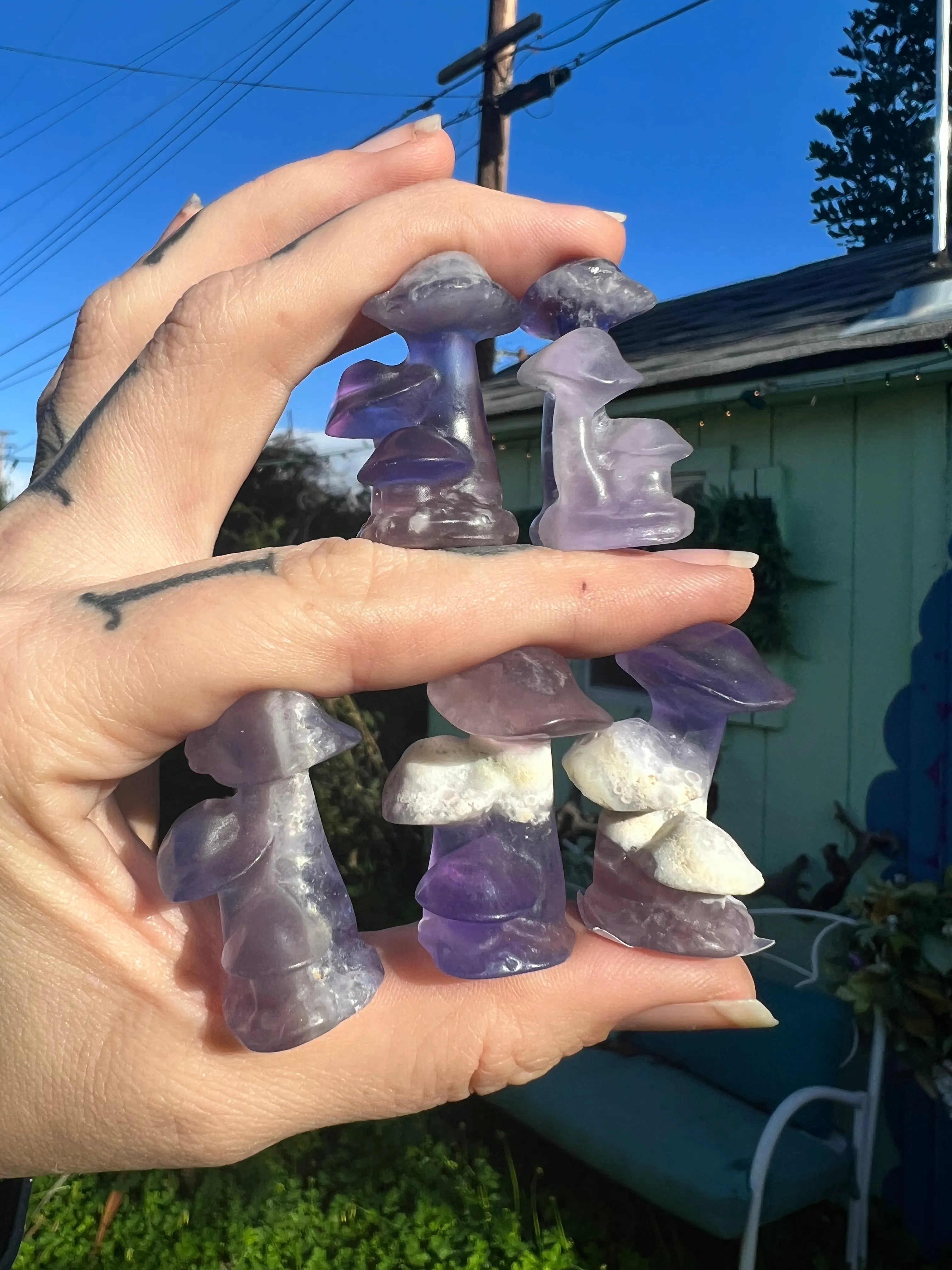 (1) one Fluorite triple mushroom carving