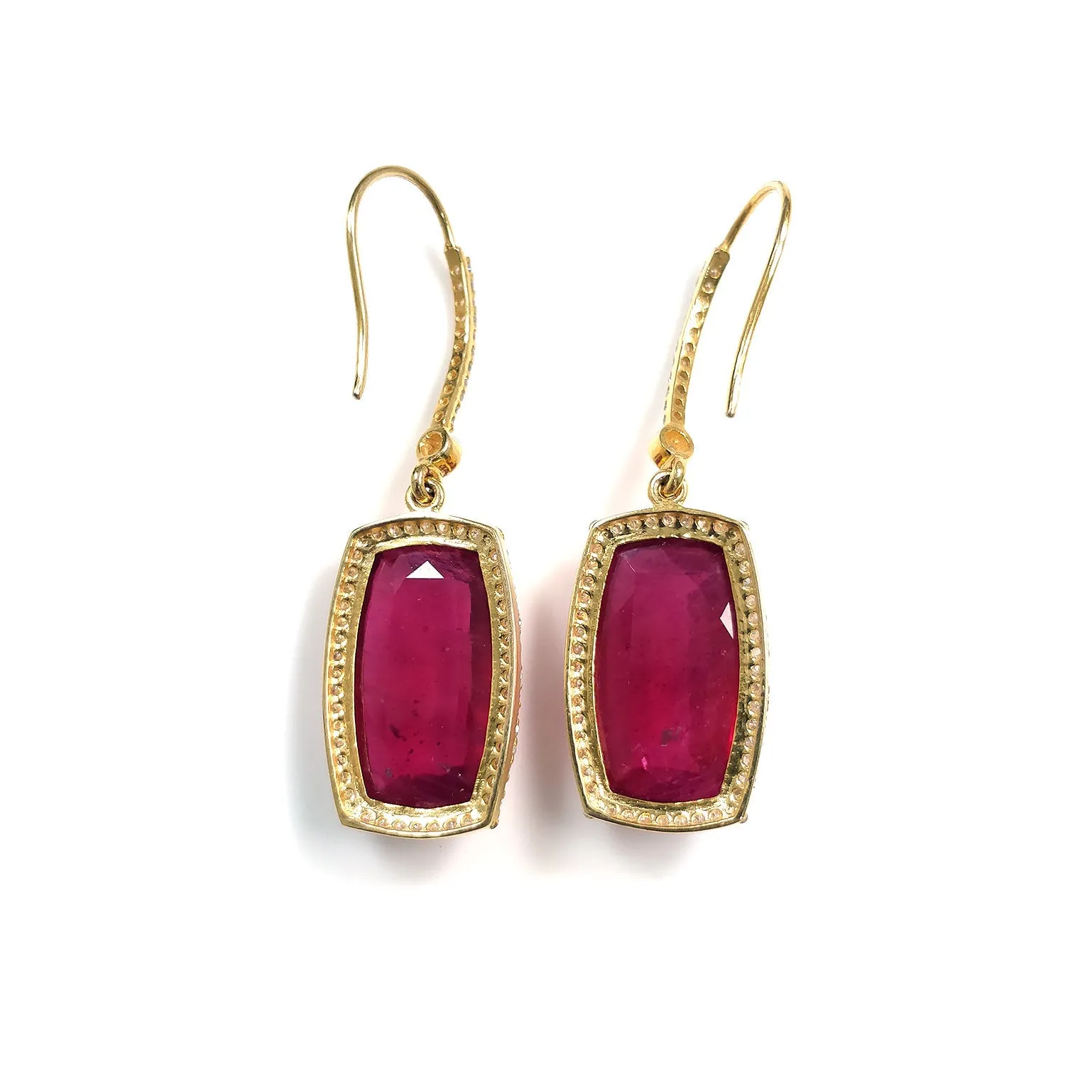 14K Gold Diamond Ruby Earring : 1.80" Natural Glass Filled RUBY Gemstone With DIAMOND 14k GOLD Drop Dangle Prong Set Style Dainty Statement Fine Earring