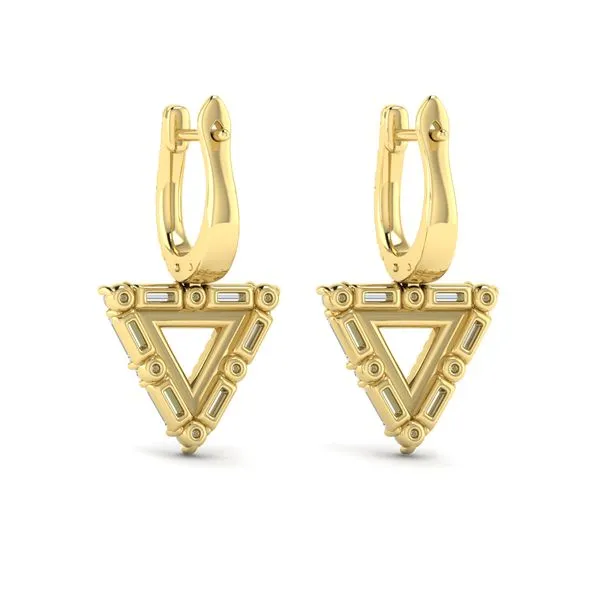 14K YELLOW GOLD U-HOOP EARRINGS WITH BAGUETTE AND ROUND DIAMOND TRIANGLE DROP