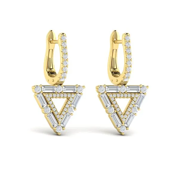 14K YELLOW GOLD U-HOOP EARRINGS WITH BAGUETTE AND ROUND DIAMOND TRIANGLE DROP