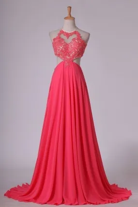 2024 Sexy Open Back Halter A Line Prom Dresses Chiffon With Applique P2P29BYN