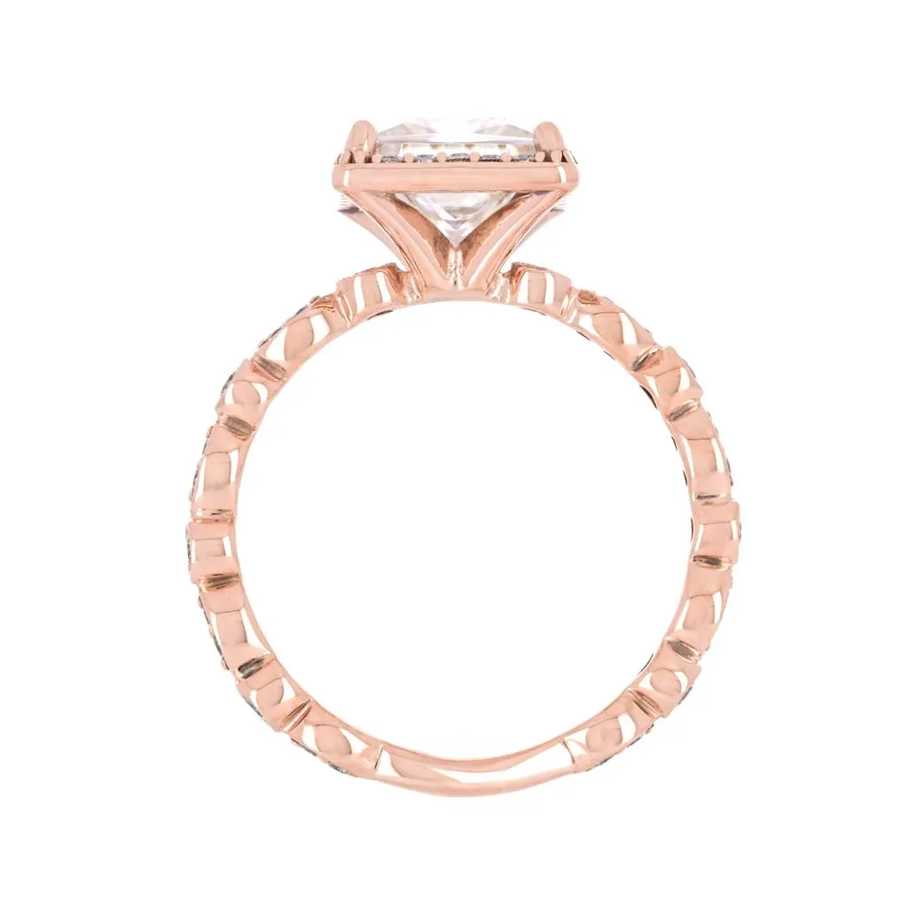 2.25tw Princess Moissanite   Diamond Engagement Ring, Halo, Scalloped - 14K Rose Gold