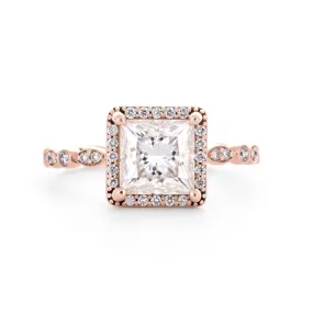 2.25tw Princess Moissanite   Diamond Engagement Ring, Halo, Scalloped - 14K Rose Gold