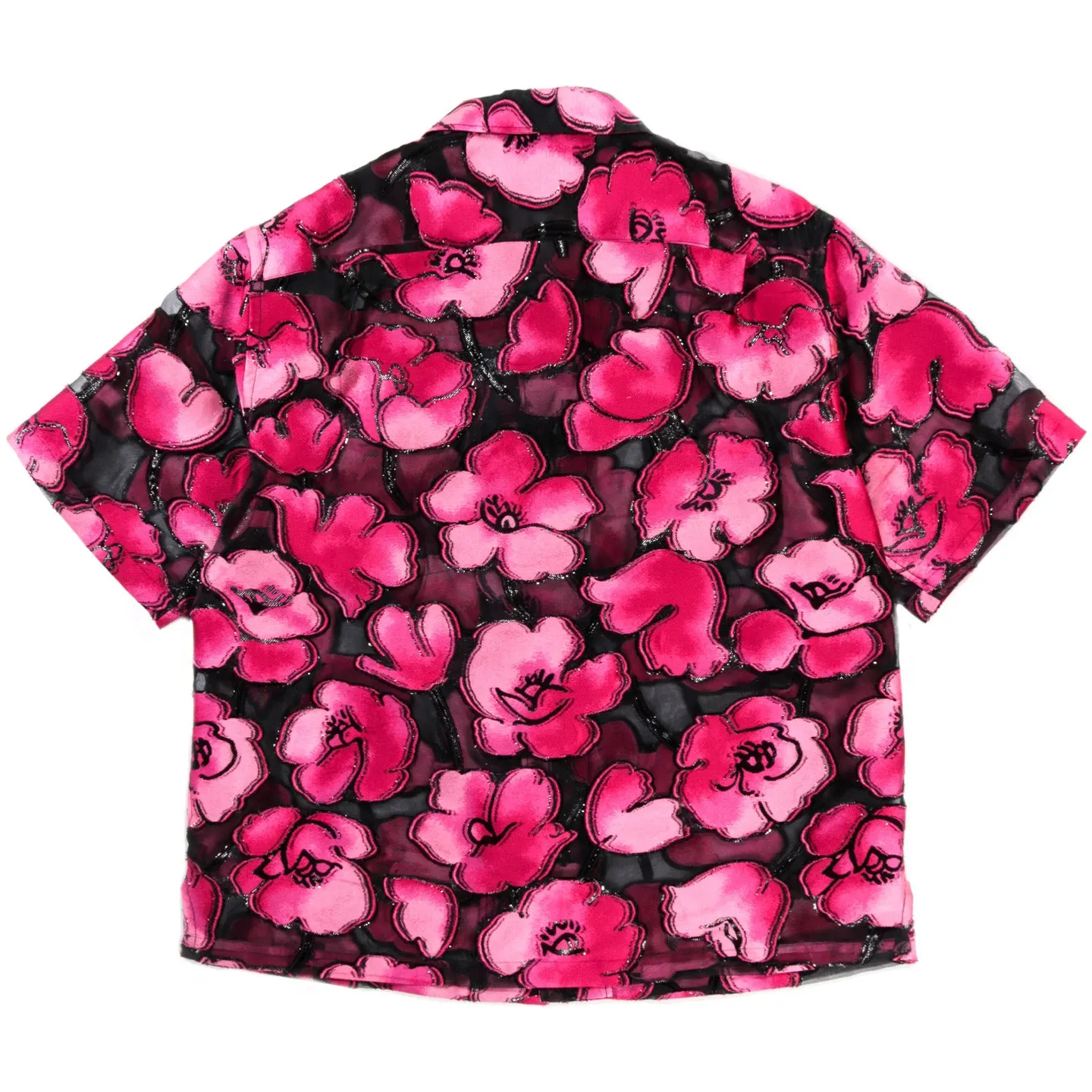 4SDESIGNS WIDE CAMP SHIRT BLACK ORGANZA W/ PINK FLORAL JACQUARD