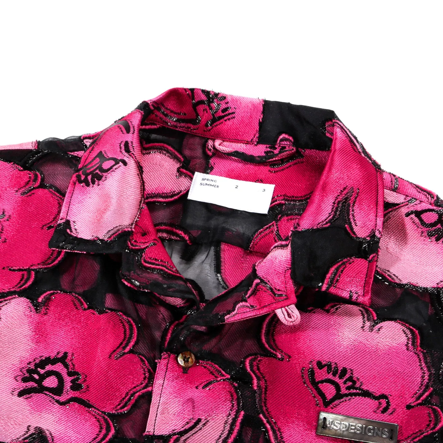 4SDESIGNS WIDE CAMP SHIRT BLACK ORGANZA W/ PINK FLORAL JACQUARD