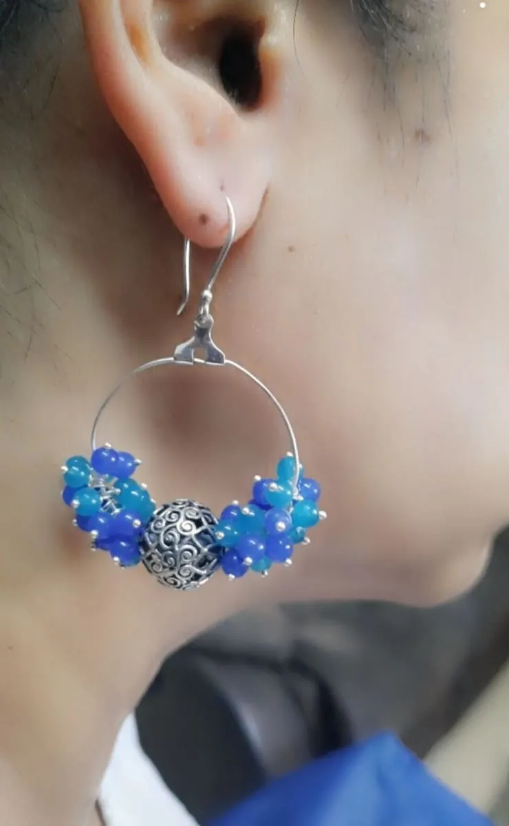 Blue Quartz Beaded Silver Handmade Hoops