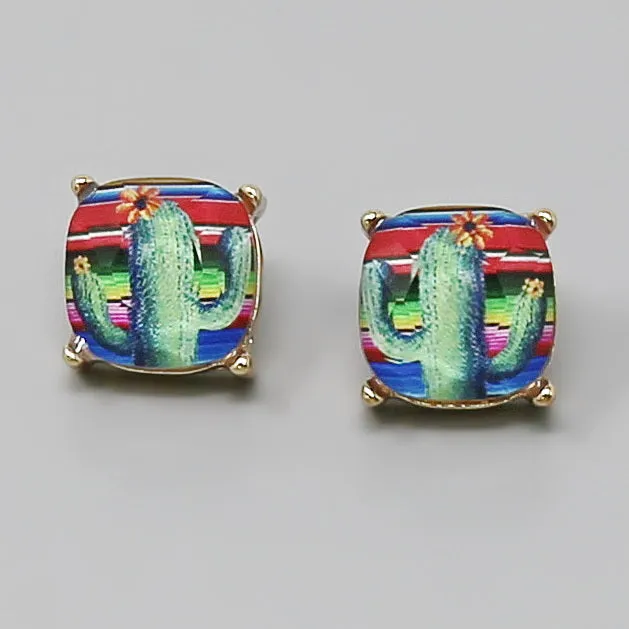 Cactus Faceted Glass Stone Square Shape Stud Earrings