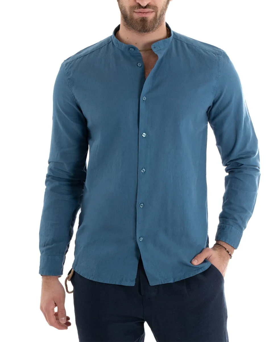 Camicia Uomo Collo Coreano Manica Lunga Lino Tinta Unita Sartoriale Avio GIOSAL-C2668A