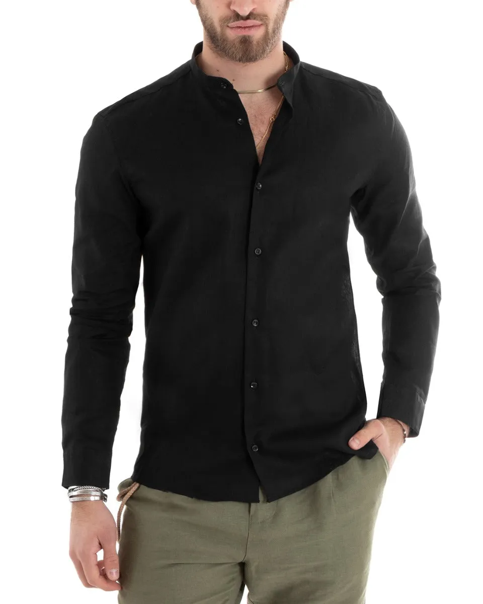 Camicia Uomo Collo Coreano Manica Lunga Lino Tinta Unita Sartoriale Nero GIOSAL-C2667A