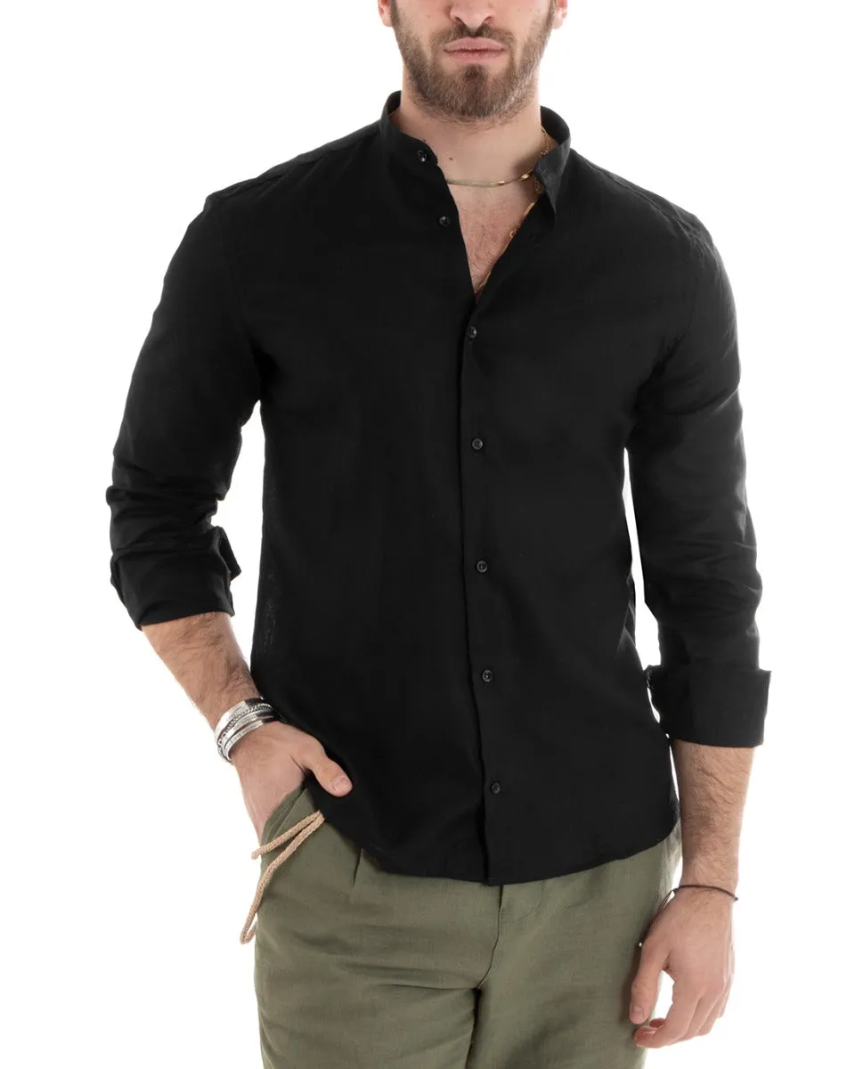 Camicia Uomo Collo Coreano Manica Lunga Lino Tinta Unita Sartoriale Nero GIOSAL-C2667A