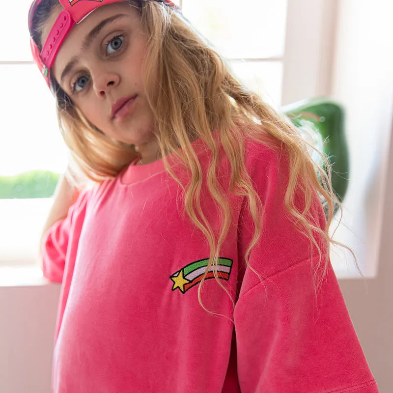 CarlijnQ Pink Velour Cropped Crewneck Top With Embroidery