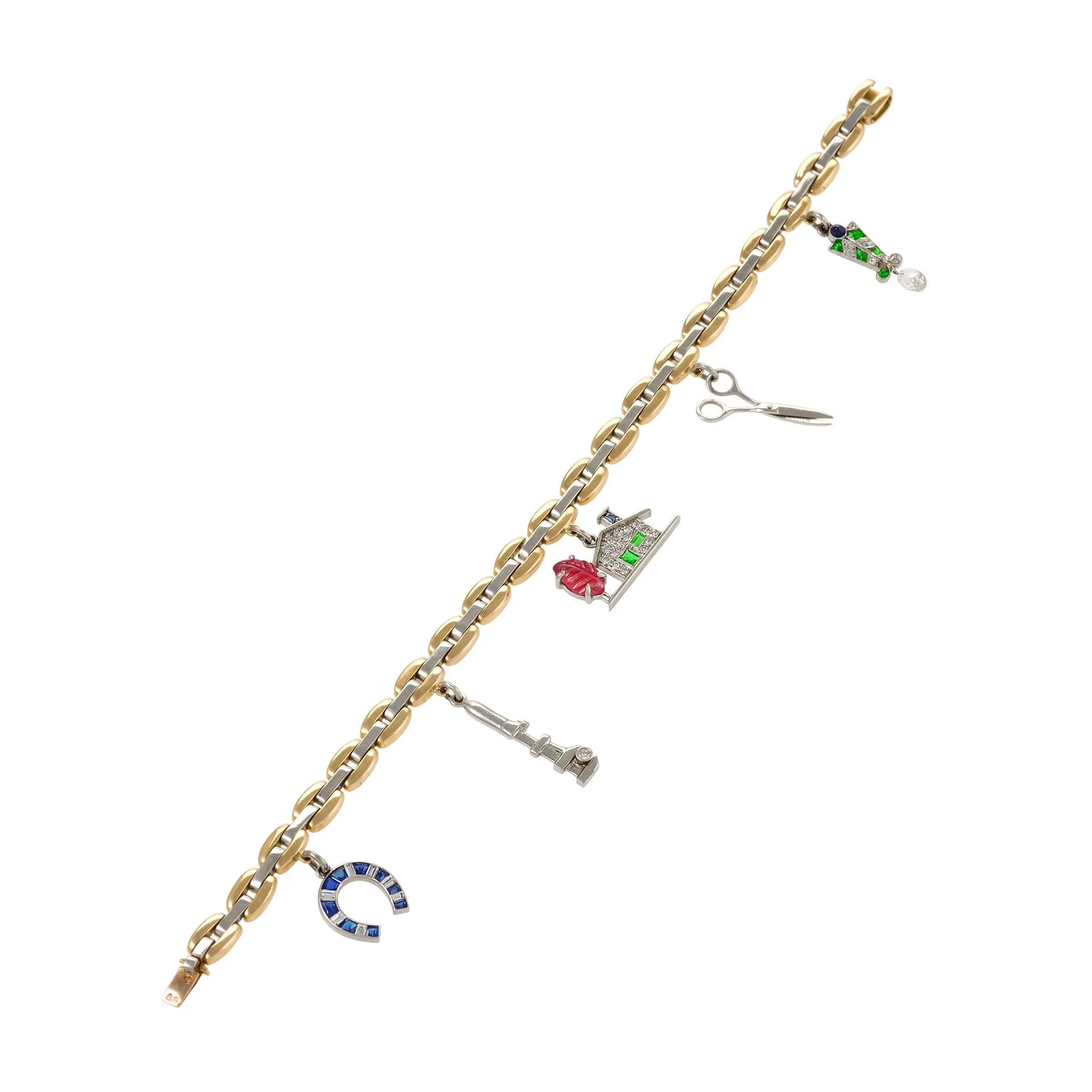 Cartier Gold and Platinum Link Gem-Set Charm Bracelet