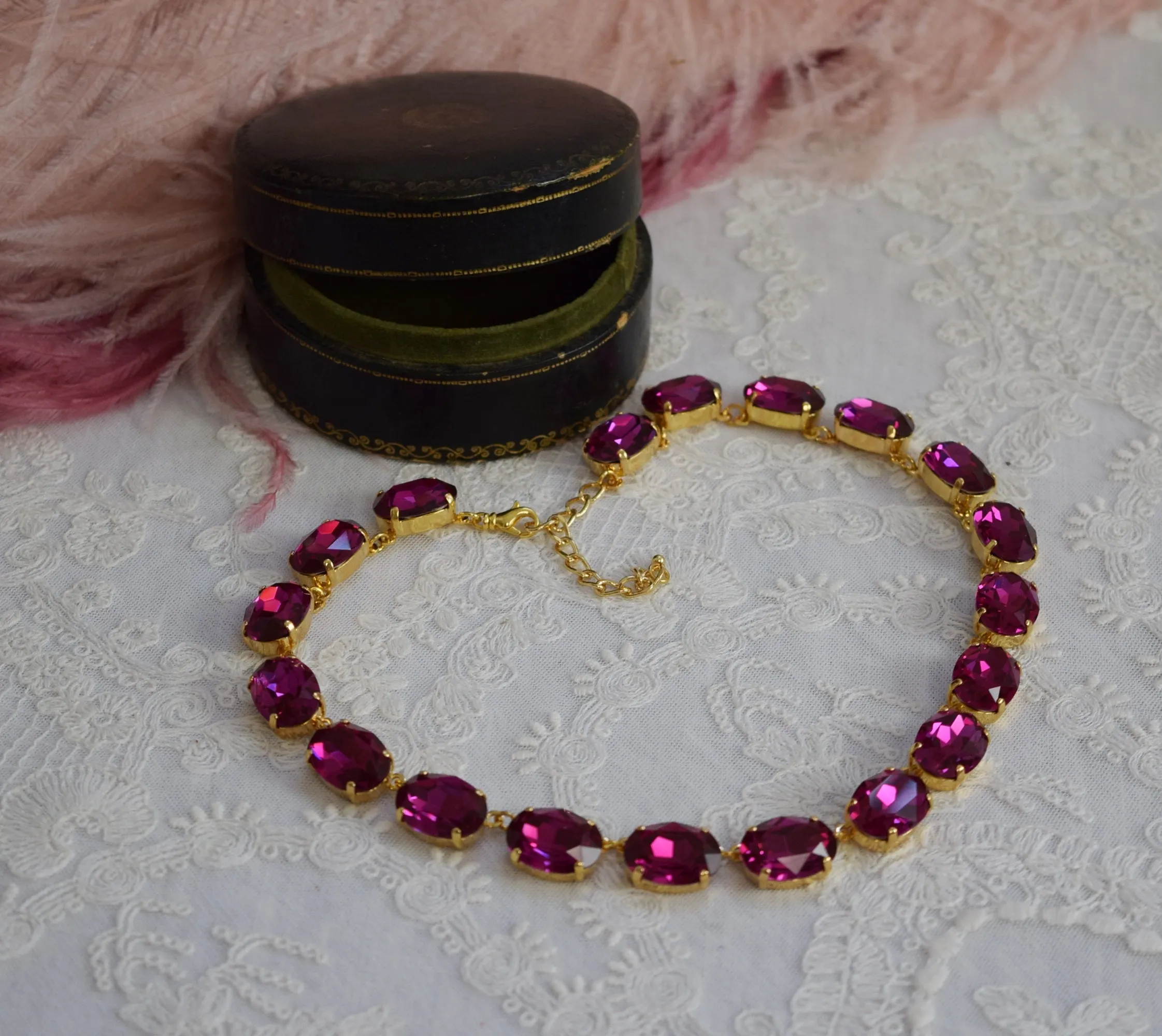 Dark Pink Aurora Crystal Collet Necklace - Large Oval