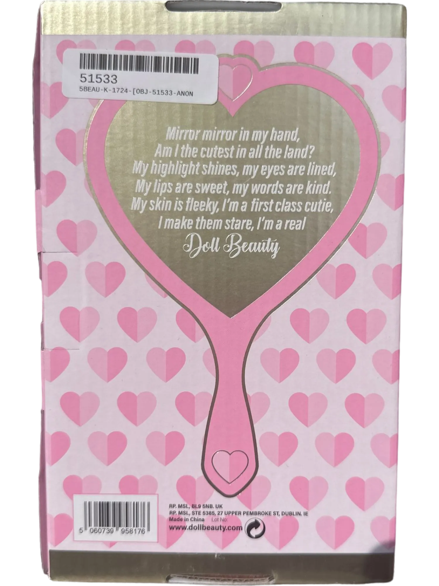 Doll Beauty Pink Heart Handheld Mirror