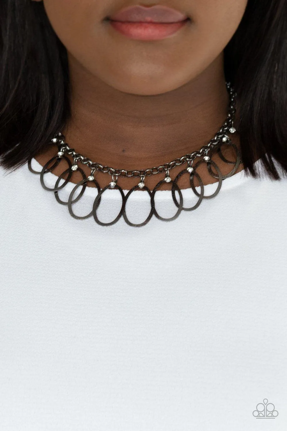 Double OVAL-time Gunmetal Black and White Rhinestone Necklace - Paparazzi Accessories