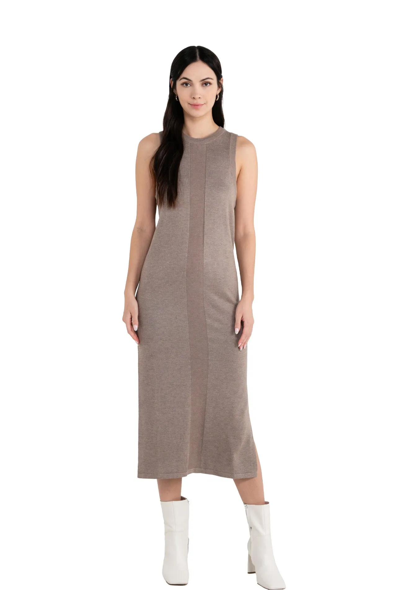 ELLE Apparel Knitted Round Neck Dress with Side Slit