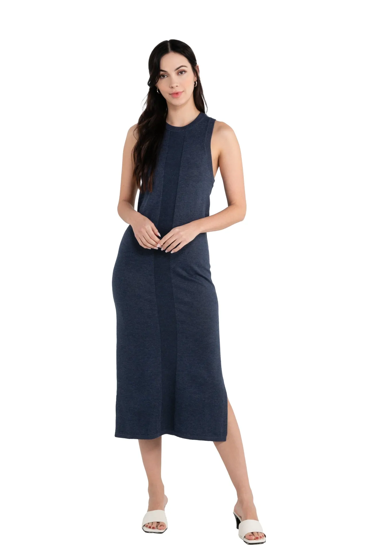 ELLE Apparel Knitted Round Neck Dress with Side Slit