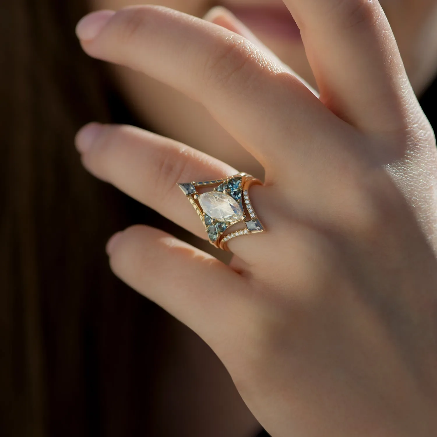 Engraved Chevron Ring with a Salt and Pepper Kite Diamond