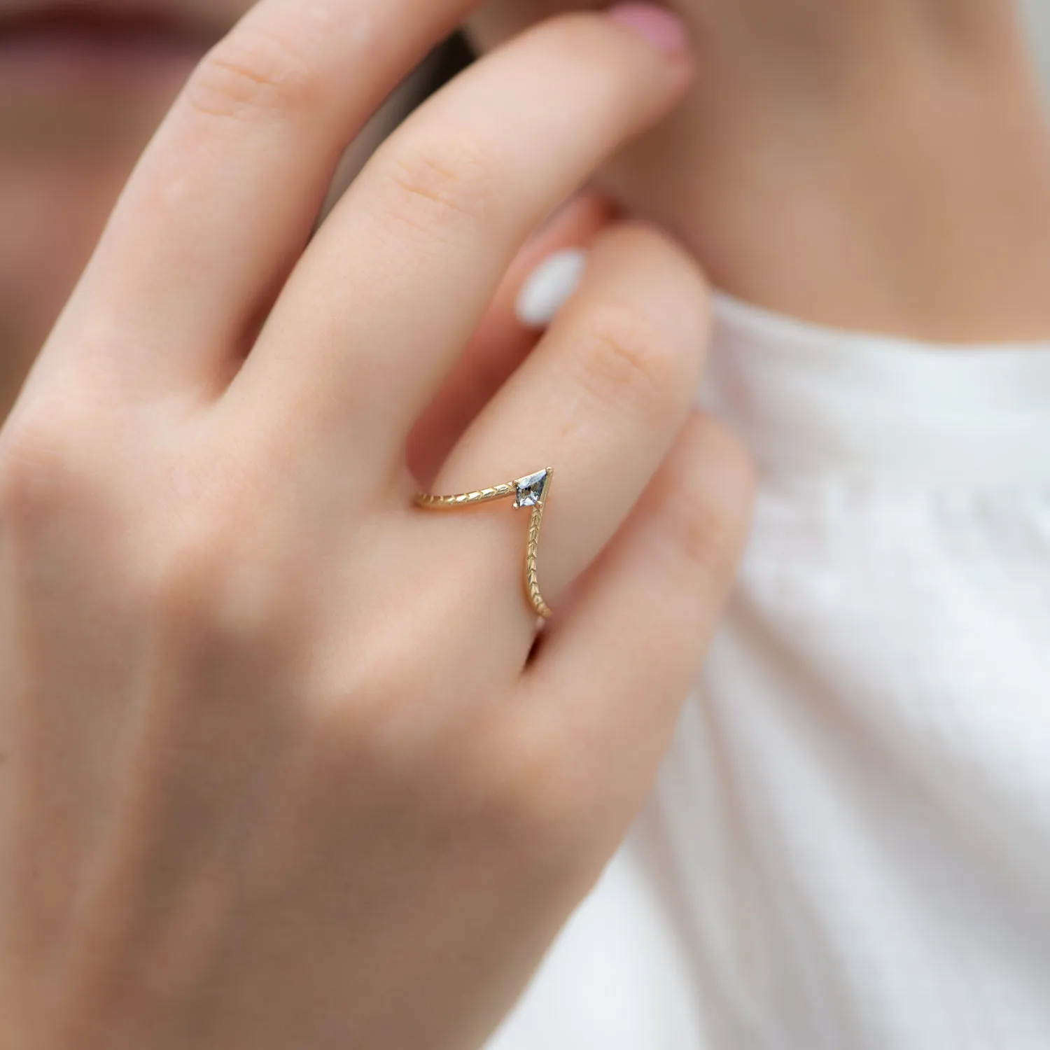 Engraved Chevron Ring with a Salt and Pepper Kite Diamond