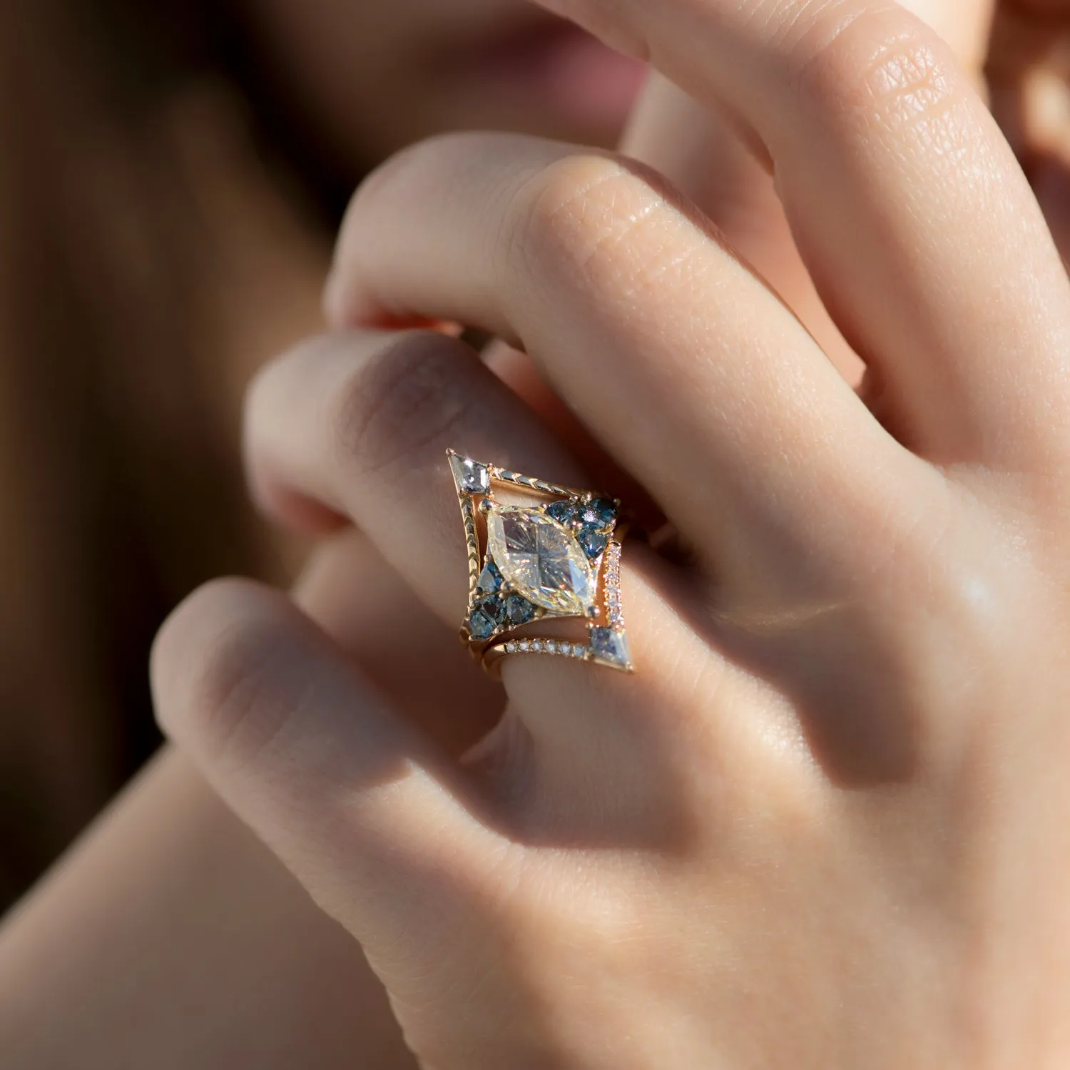 Engraved Chevron Ring with a Salt and Pepper Kite Diamond