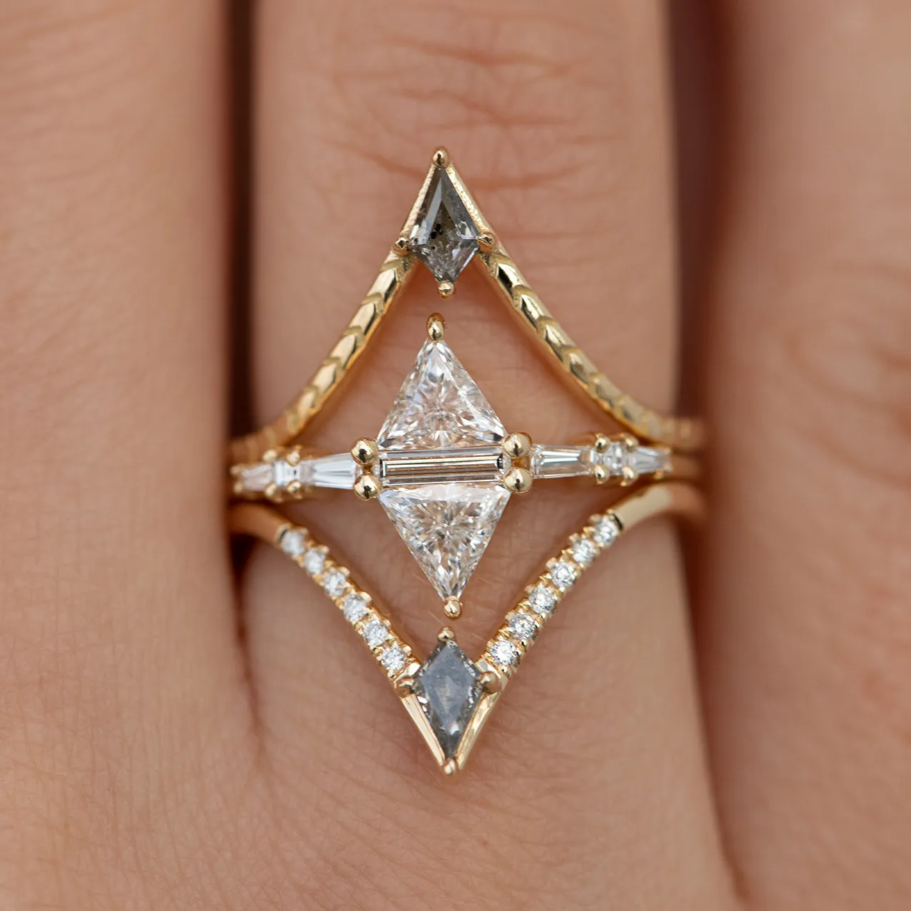 Engraved Chevron Ring with a Salt and Pepper Kite Diamond