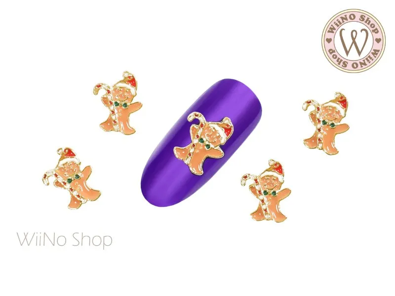 Gingerbread Man with Candy Cane Nail Metal Charm - 2 pcs