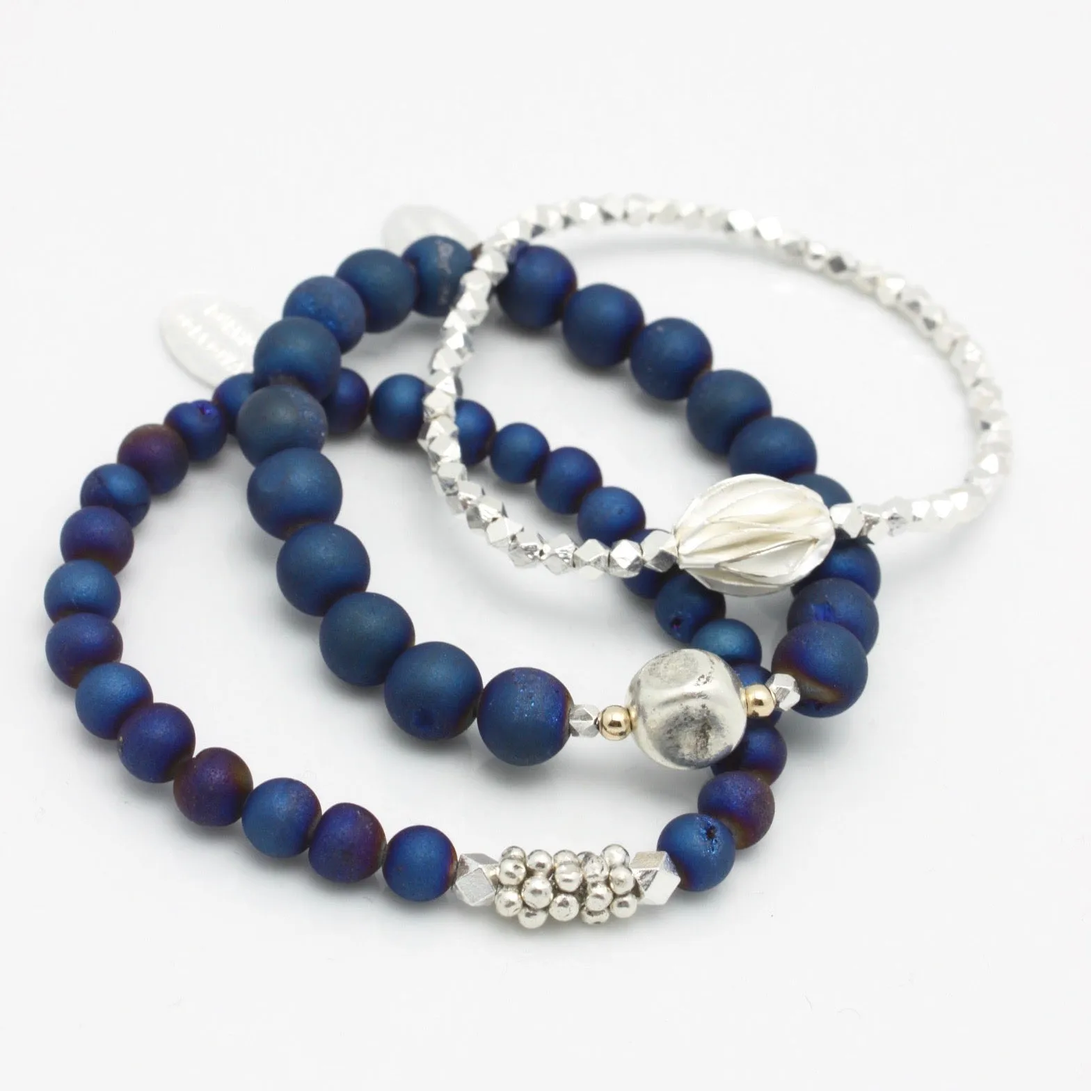 Inner Spirit:  Deep Marine Blue Druzy Quartz Stretch Bracelet & Hammered Silver Bead