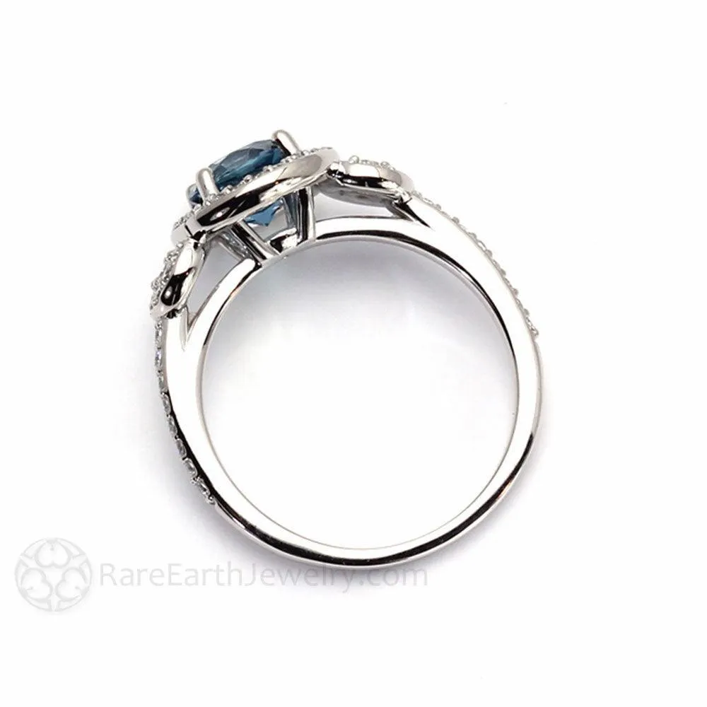 London Blue Topaz Engagement Ring 3 Stone Diamond Halo