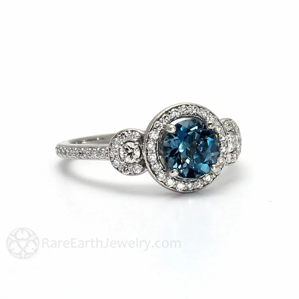 London Blue Topaz Engagement Ring 3 Stone Diamond Halo