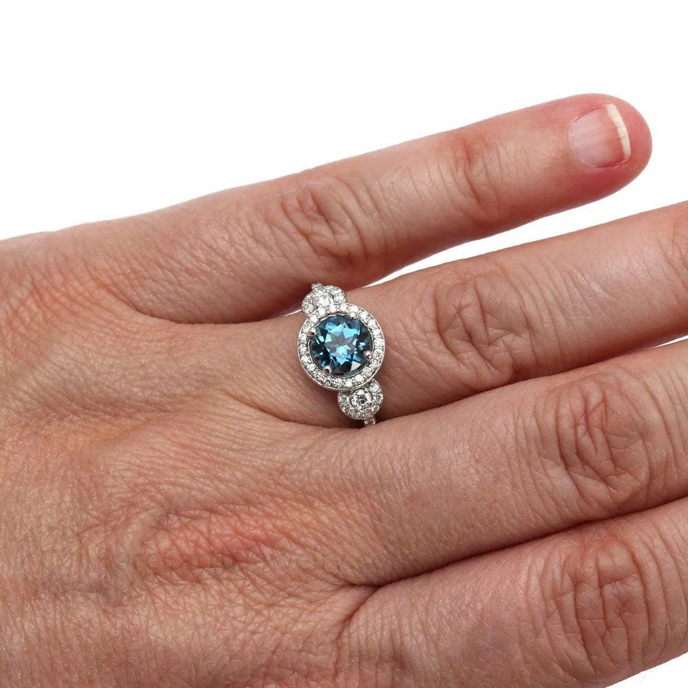 London Blue Topaz Engagement Ring 3 Stone Diamond Halo