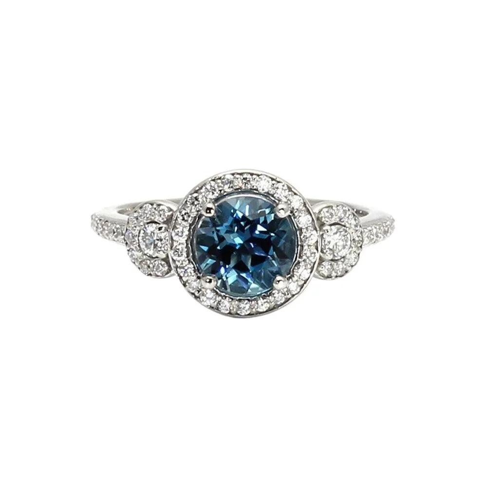 London Blue Topaz Engagement Ring 3 Stone Diamond Halo