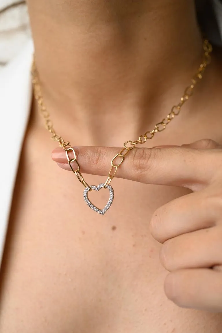 Paperclip Chain Diamond Heart Necklace 18K Gold