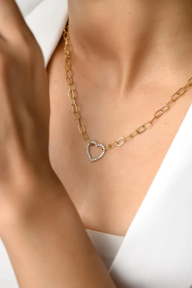 Paperclip Chain Diamond Heart Necklace 18K Gold