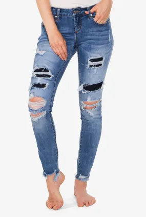 Patch Work  Med Blue Mid Rise Skinny Jeans