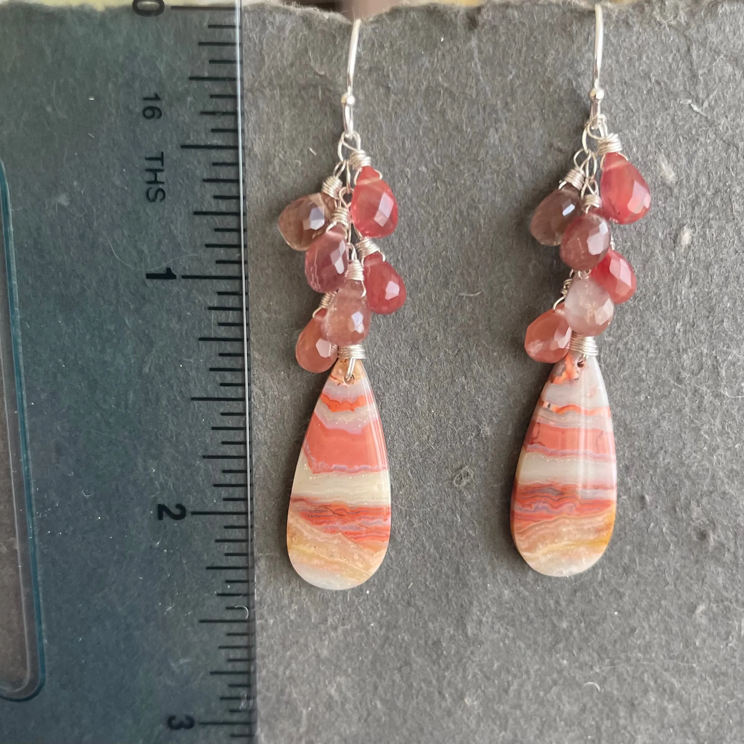 Pink Agate Waterfall Earrings, Andesine Labradorite, OOAK