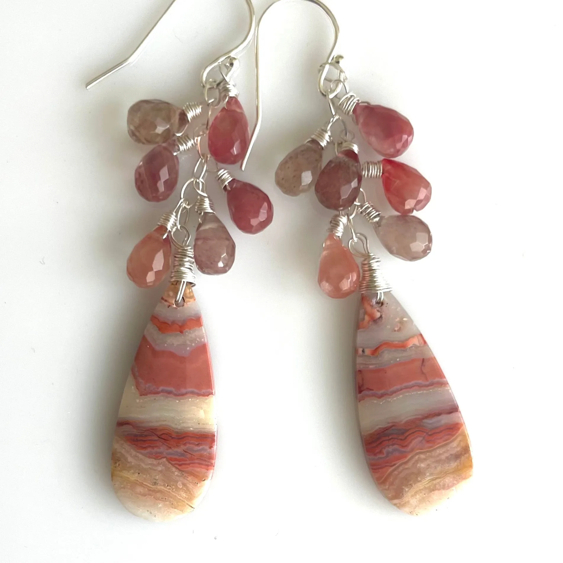 Pink Agate Waterfall Earrings, Andesine Labradorite, OOAK