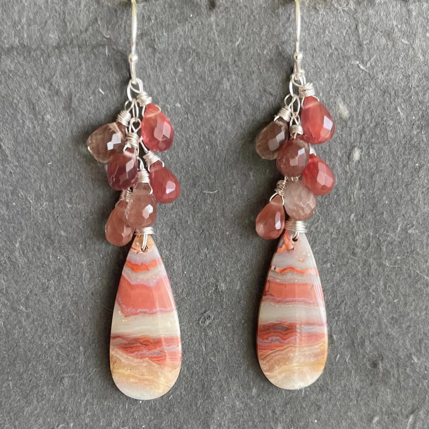 Pink Agate Waterfall Earrings, Andesine Labradorite, OOAK