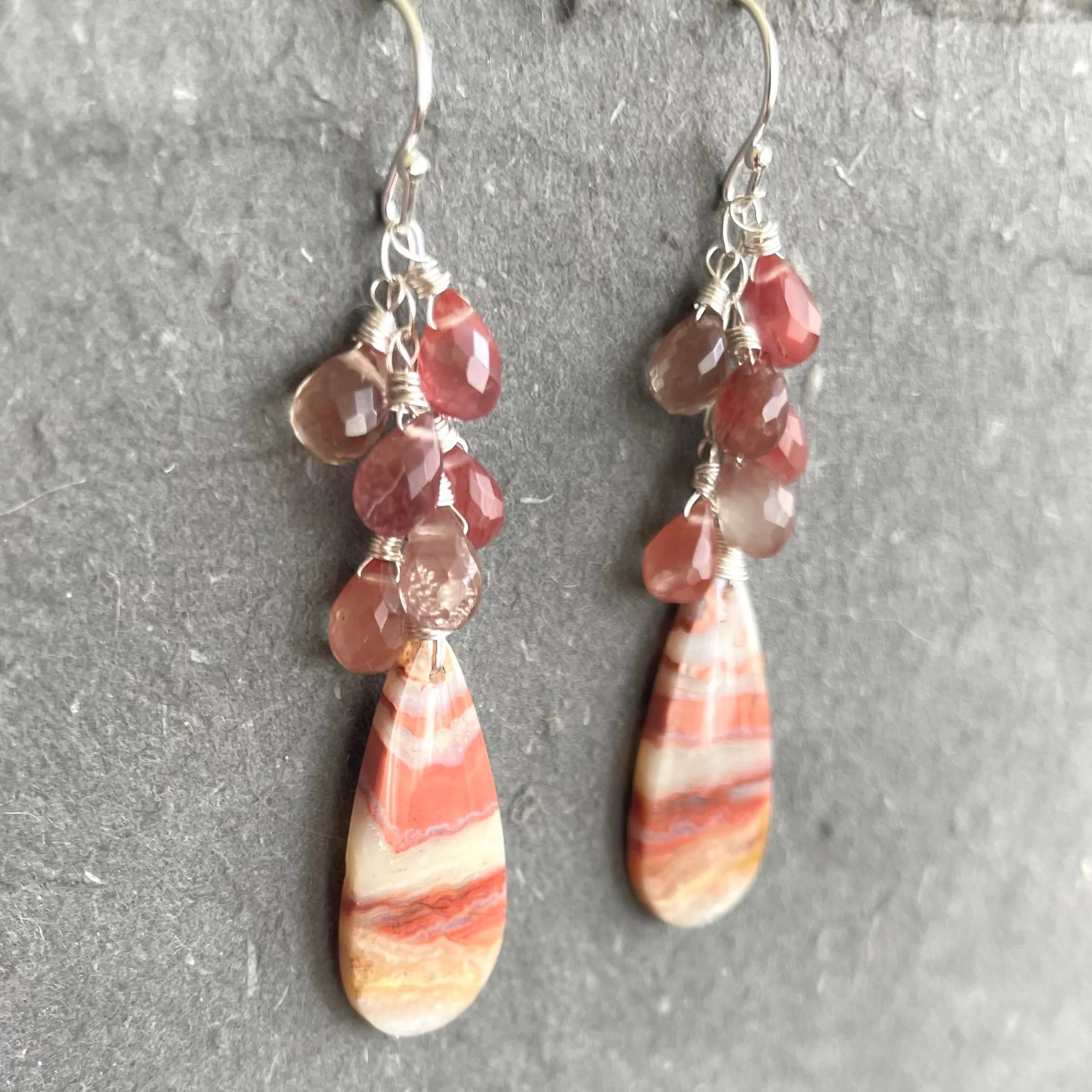 Pink Agate Waterfall Earrings, Andesine Labradorite, OOAK