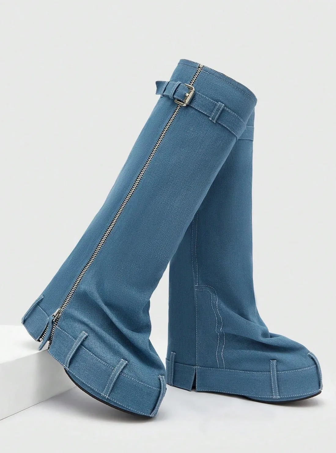 Platform Buckle Zip Denim Boots