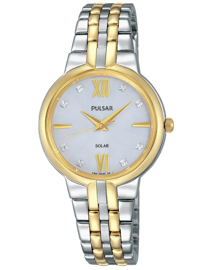 Pulsar Womens Solar Dress Watch - Two-Tone - Crystal - Silver-Tone Dial - 30m