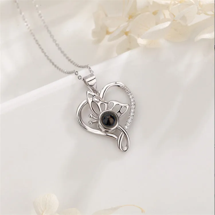 Simple hollow butterfly love necklace with Picture Inside