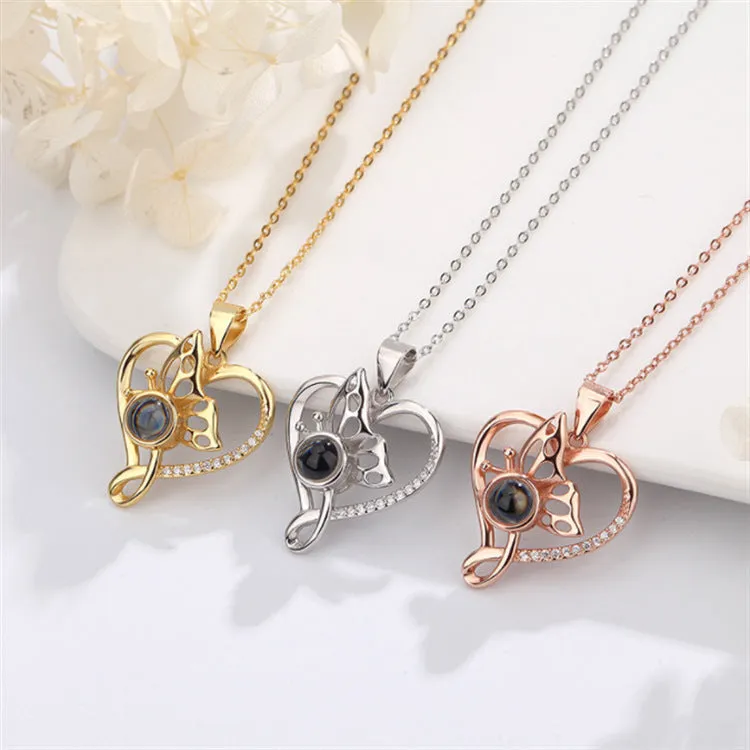 Simple hollow butterfly love necklace with Picture Inside