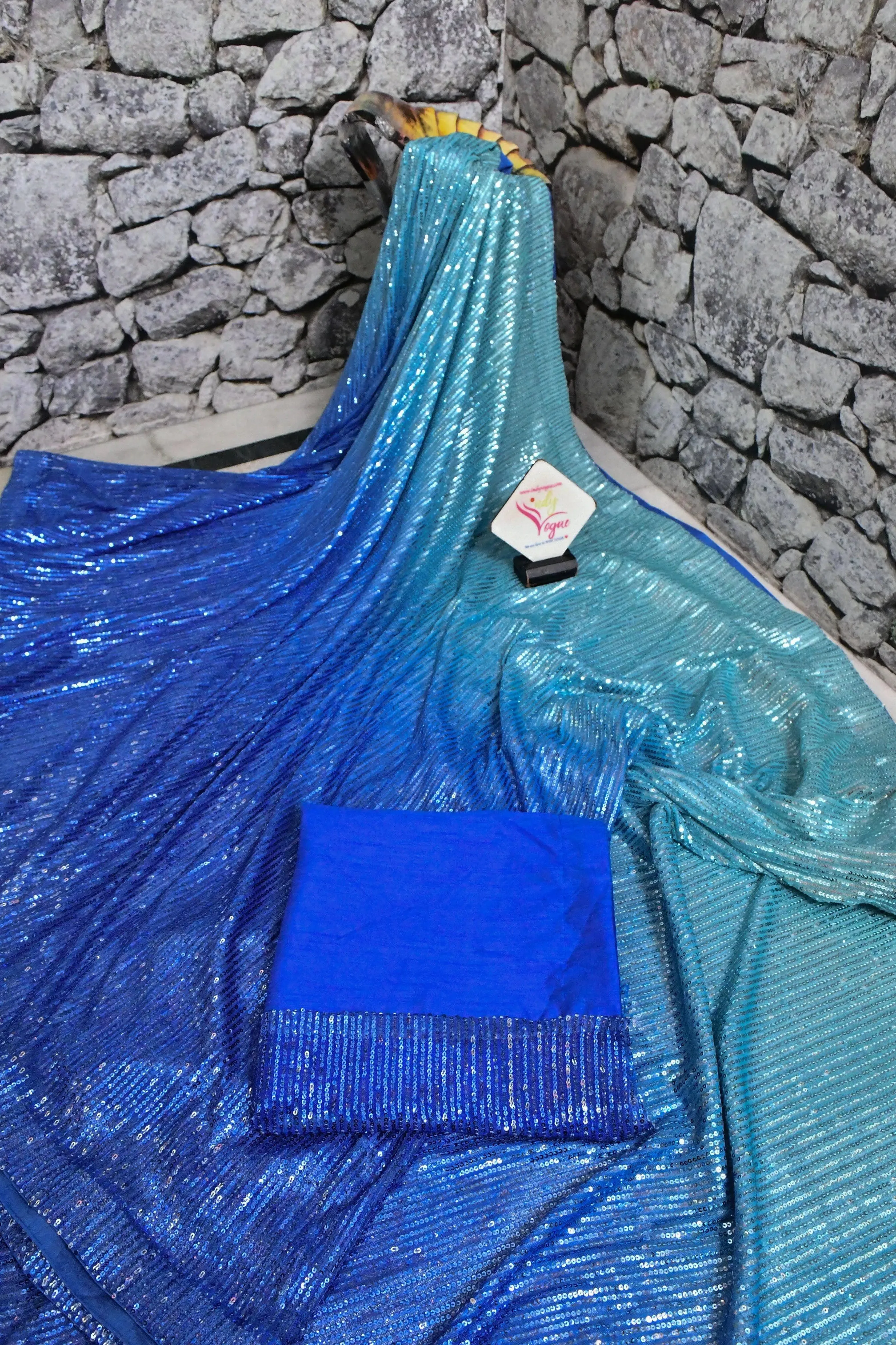 Sky and Cobalt  Blue Color Designer Net Saree with Sequin Weaving and Dual Tone Patti Border