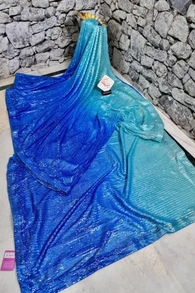 Sky and Cobalt  Blue Color Designer Net Saree with Sequin Weaving and Dual Tone Patti Border