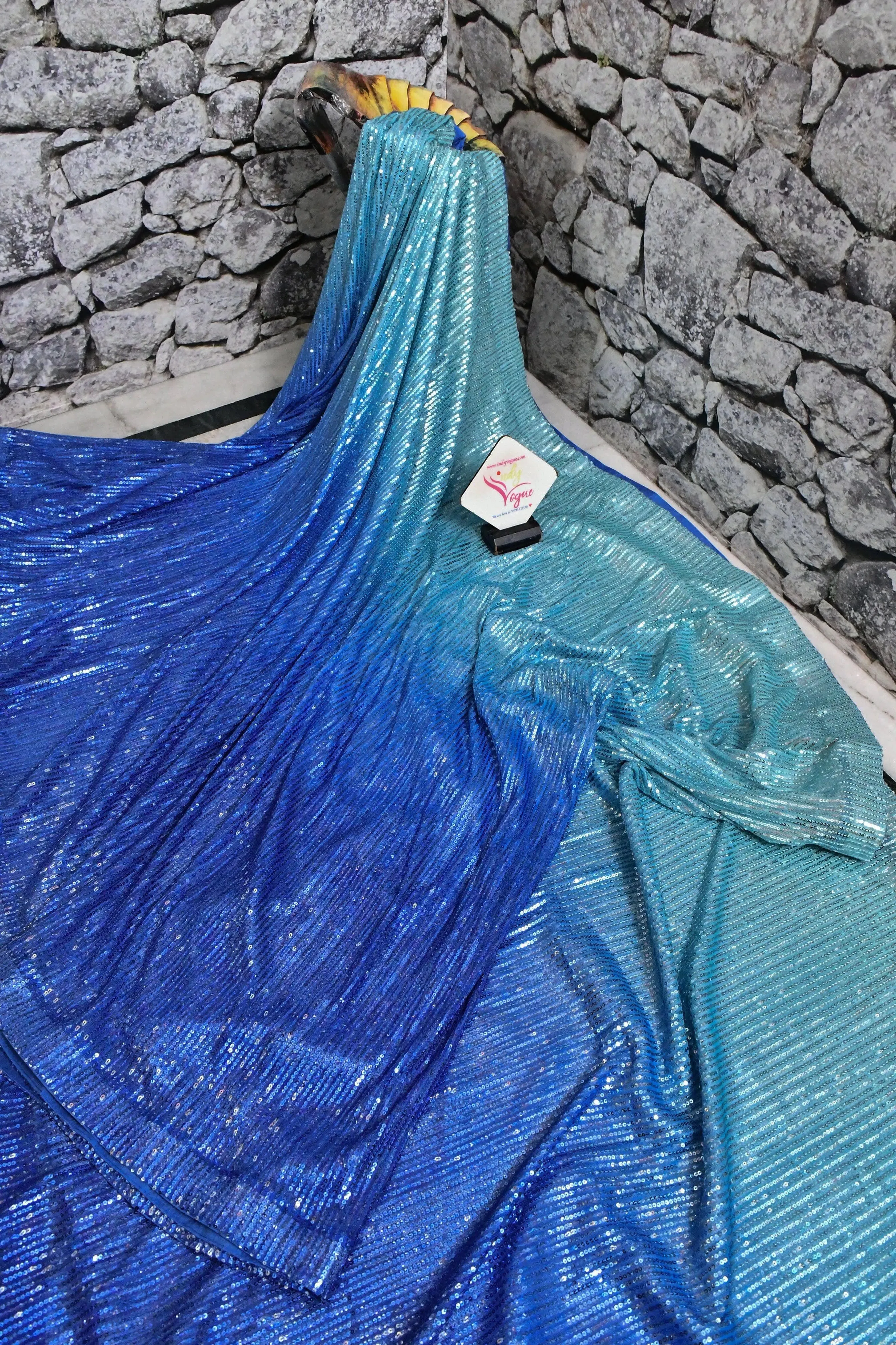 Sky and Cobalt  Blue Color Designer Net Saree with Sequin Weaving and Dual Tone Patti Border