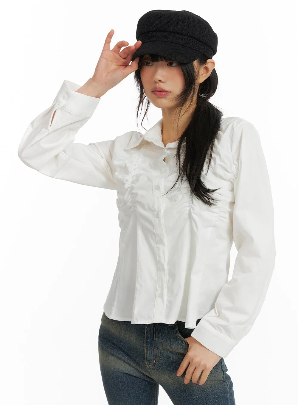 Solid Collar Button Up Shirred Blouse CM413