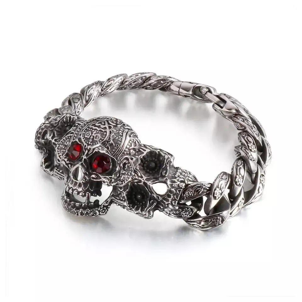 Stainless Steel Skull with Red CZ Eyes Bracelet