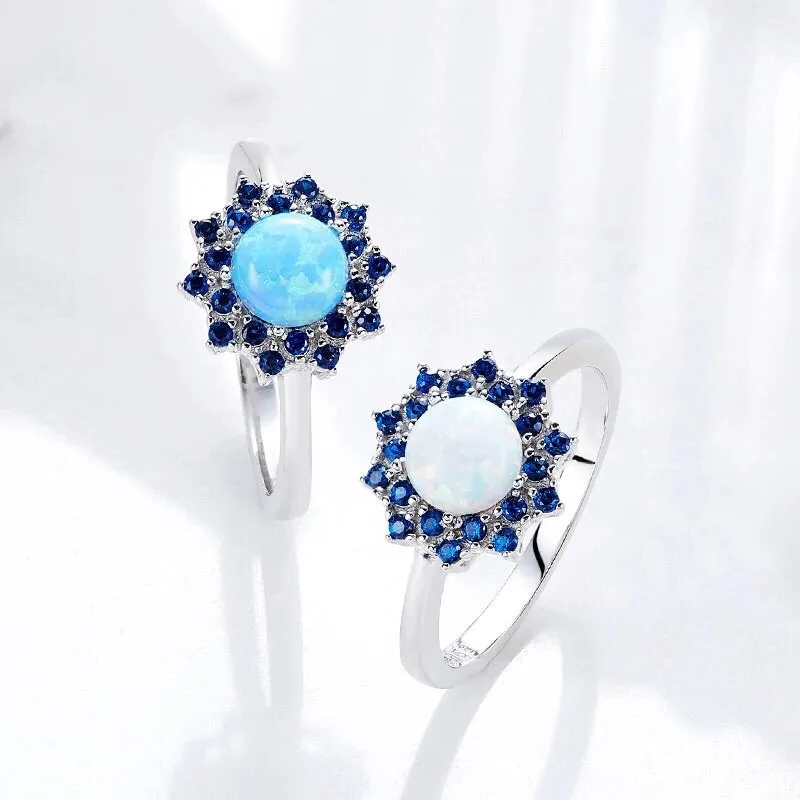 Sterling silver blossoming white opal flower ring