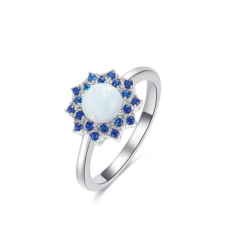 Sterling silver blossoming white opal flower ring