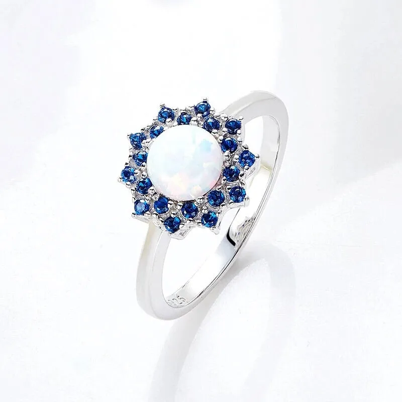 Sterling silver blossoming white opal flower ring